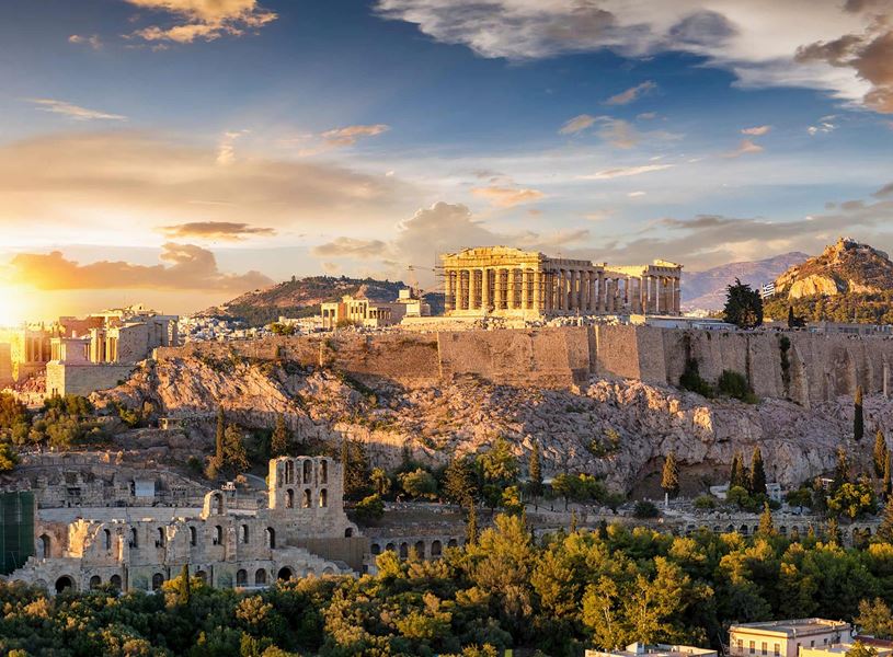 Panoramic view of Acropolis hill with Parthenon at sunset, Athens, Greece