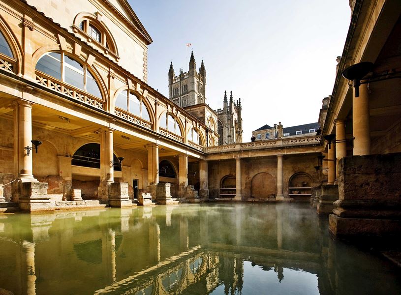 Roman Baths and Roman columns in Bath, England