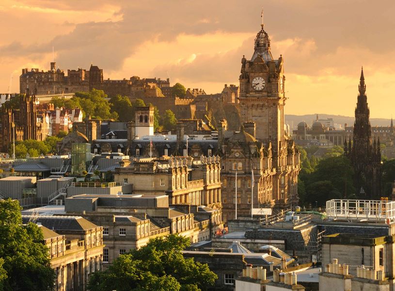 Edinburgh skyline with historic buildings at sunset, Scotland