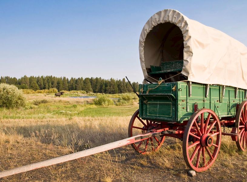 Horse-drawn wagon in Cache Creek Canyon, USA
