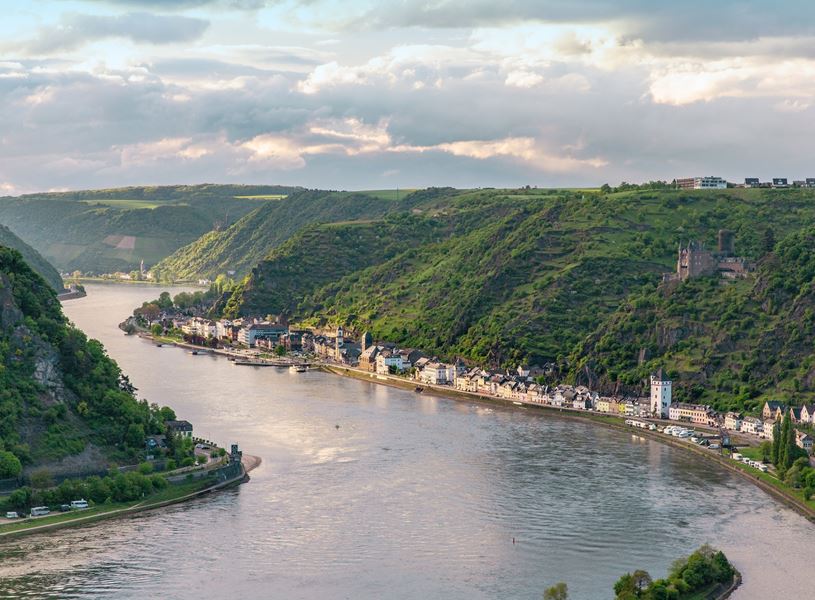 Rhine River valley with hillside town and vineyards