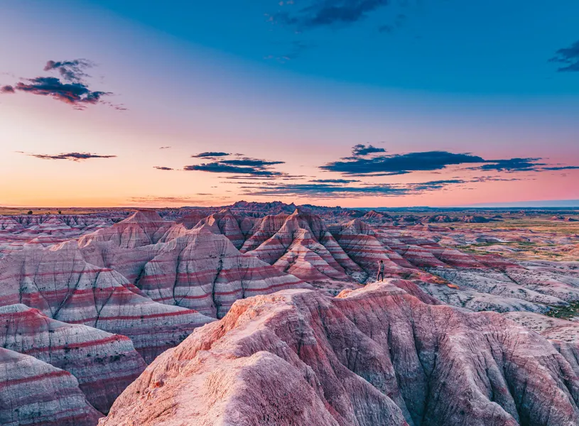 Badlands landscape at dusk, South Dakota, USA
