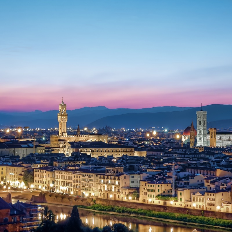 Night cityscape of Florence, Italy including the Cathedral of Santa Maria del Fiore