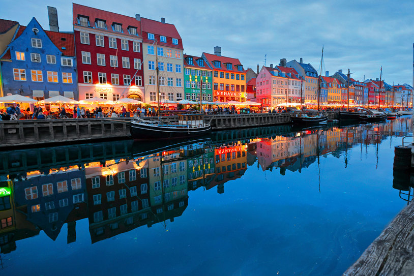Denmark Copenhagen Nyhavn Waterfront Dusk Blue Water Reflection