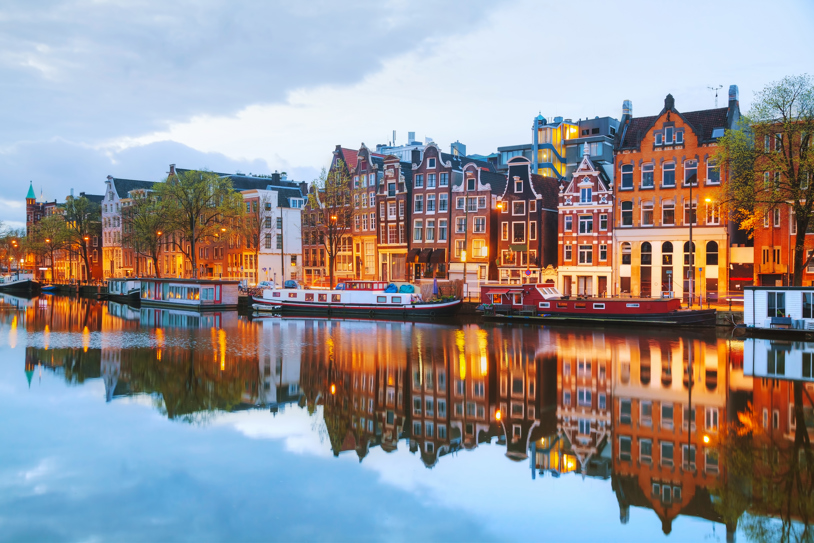Netherlands Amsterdam Night Canal Colorful Houses Reflection Water