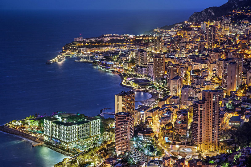 Monaco France Monte Carlo Night Time Aerial Blue Water Lights Harbor