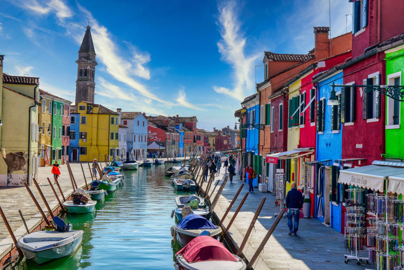 Italy Burano Canal Gondolas Colorful Buildings