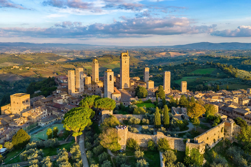 Italy San Gimignano Aerial View Morning Light