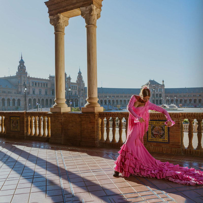 Spain Seville Plaza Espana Flamenco Dancer In Pink Dress